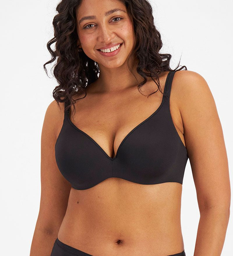 Berlei Barely There Contour Bra in Black, classic t-shirt bra with seamless contoured cups, worn by model, available at The Foundation.