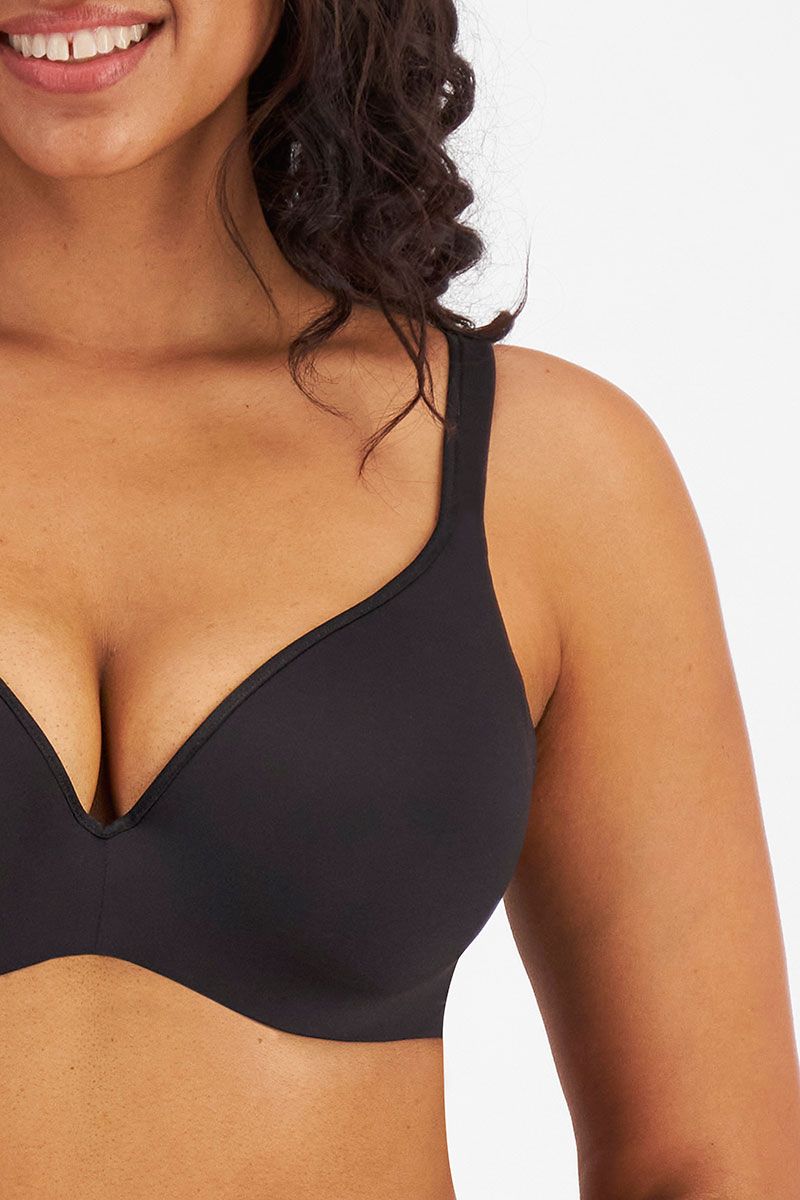 Side view of Berlei Barely There Contour Bra Black, highlighting smooth silhouette and comfy straps, The Foundation lingerie.