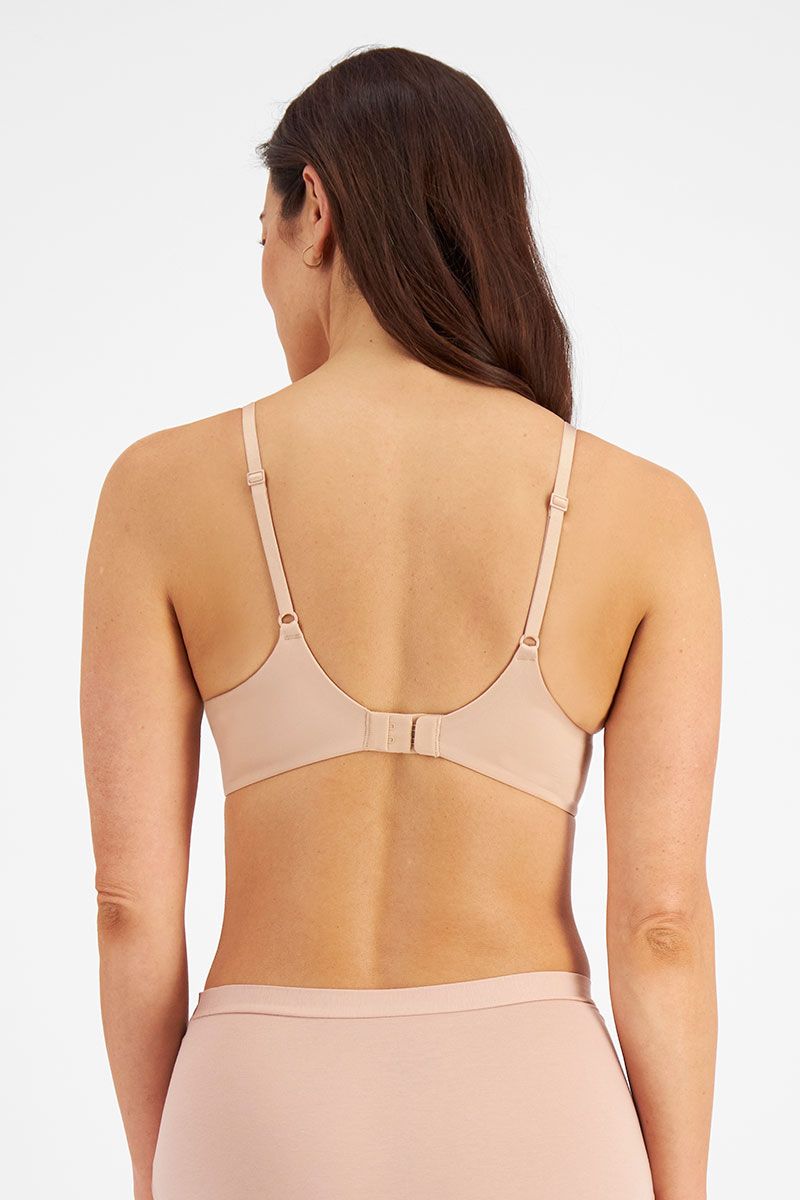 Back view of the Berlei Understate Wirefree Bra in Nude, offers full-coverage wire-free support and smoothing side bands.