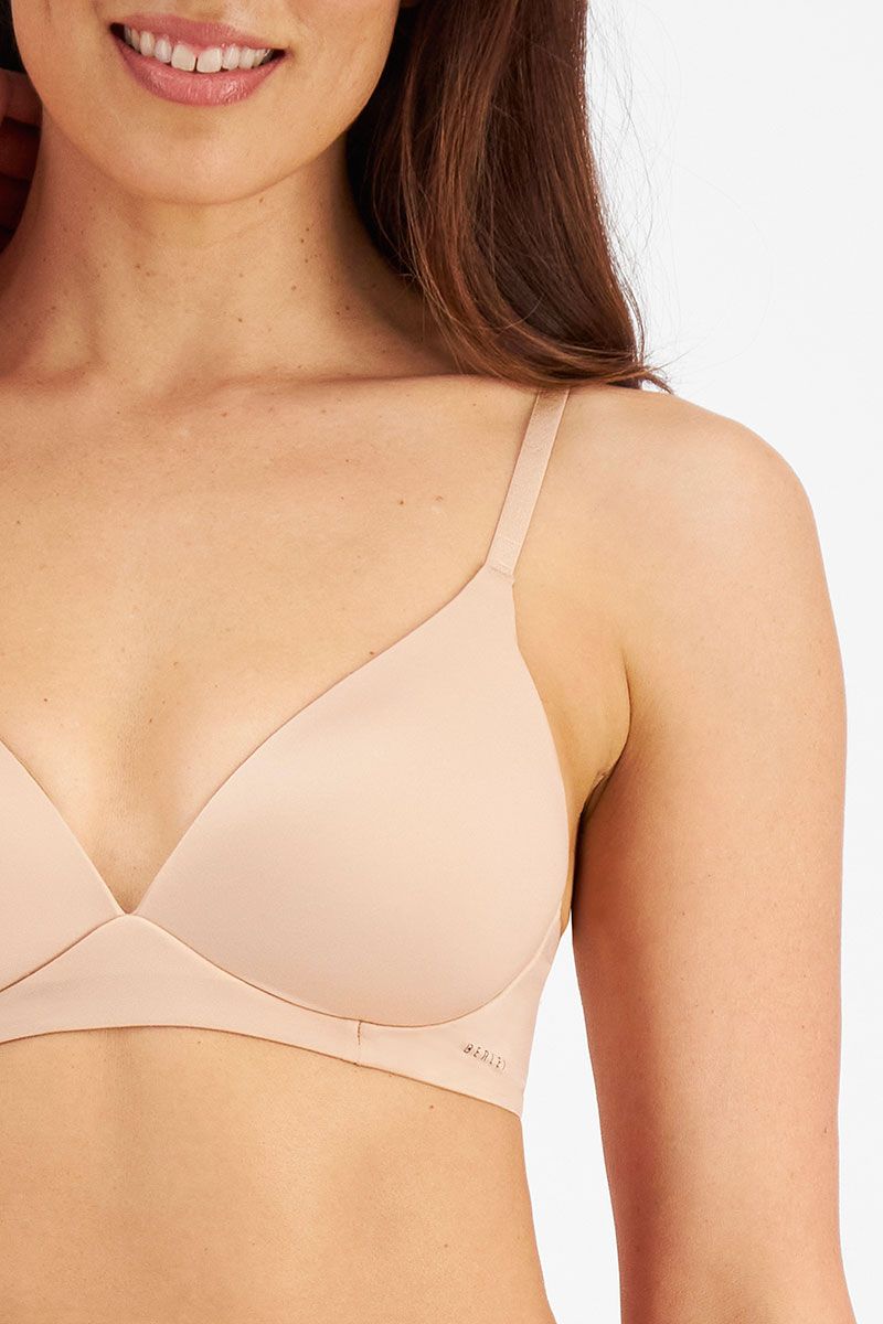 Close up of Berlei Understate Wirefree Bra Nude—soft neckline and smooth lines for seamless wear under clothes.