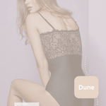 Side view of Janira Body Lace Perfect Curves Dune bodysuit, highlighting flexible lace top and clean-cut leg design for invisible wear.
