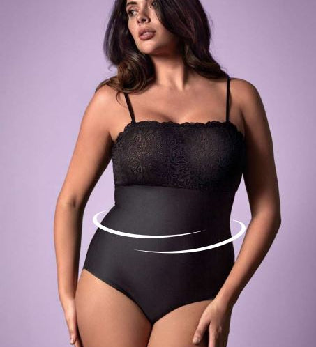 Front view of Model wearing Janira Body Lace Perfect Curves bodysuit in black, showing shaping compression and soft lace bust detail.