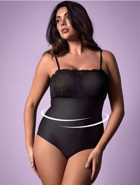 Front view of Model wearing Janira Body Lace Perfect Curves bodysuit in black, showing shaping compression and soft lace bust detail.