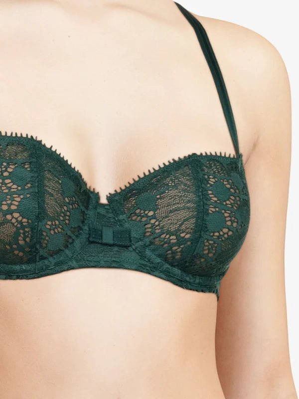 Close-up side angle of Chantelle green demi lace bra from The Foundation