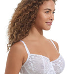 Side view of Chantelle’s Day to Night Lace Half Cup Bra in White showing neckline detail and rounded lift.