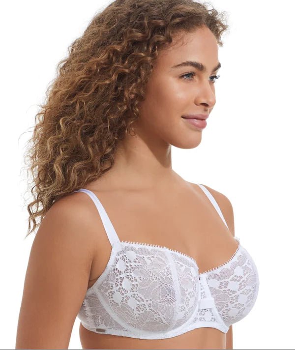 Side view of Chantelle’s Day to Night Lace Half Cup Bra in White showing neckline detail and rounded lift.