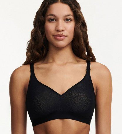 Front view of Chantelle C Magnifique Non Wire Bra in Black, featuring full coverage floral jacquard knit cups.