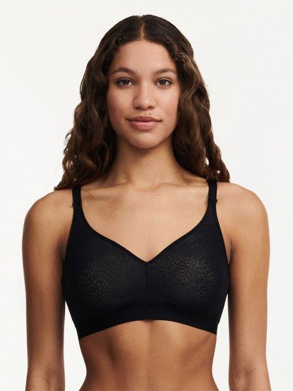Front view of Chantelle C Magnifique Non Wire Bra in Black, featuring full coverage floral jacquard knit cups.
