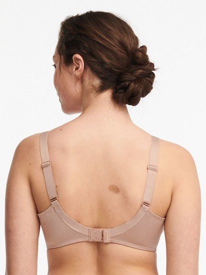 Back view of Chantelle Hedona Minimiser Bra Nude, featuring leotard U-shaped back and adjustable straps, as seen at The Foundation.