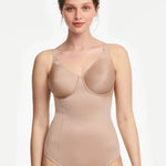 Model in Chantelle Hedona Bodysuit Nude, full front view showing seamless cups and tummy-smoothing fit, shapewear from The Foundation.
