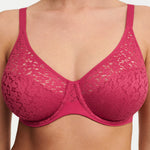 Close up of Norah Moulded Bra in Golden Cosmo by The Foundation—showcasing mesh top line and stretch lace pattern.