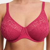 Close up of Norah Moulded Bra in Golden Cosmo by The Foundation—showcasing mesh top line and stretch lace pattern.