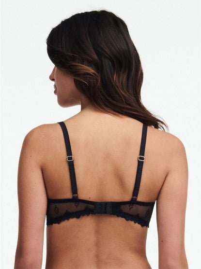 Back view of The Foundation’s Champs Elysees Lace Bra in Black, with elegant embroidered mesh band and partial strap adjustability.