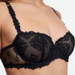 close up of the Champs Elysees Balcony Bra in Black by The Foundation, featuring detailed French lace and demi-cup design.