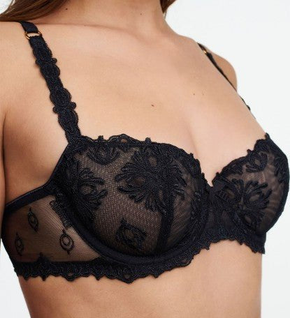 close up of the Champs Elysees Balcony Bra in Black by The Foundation, featuring detailed French lace and demi-cup design.