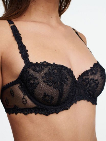 close up of the Champs Elysees Balcony Bra in Black by The Foundation, featuring detailed French lace and demi-cup design.