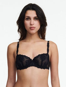 Front view of The Foundation’s Champs Elysees Half Cup Balcony Bra in Black, showcasing sheer embroidered tulle and unlined cups.