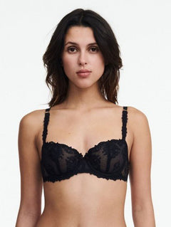 Front view of The Foundation’s Champs Elysees Half Cup Balcony Bra in Black, showcasing sheer embroidered tulle and unlined cups.
