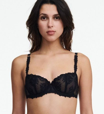 Front view of The Foundation’s Champs Elysees Half Cup Balcony Bra in Black, showcasing sheer embroidered tulle and unlined cups.