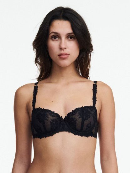 Front view of The Foundation’s Champs Elysees Half Cup Balcony Bra in Black, showcasing sheer embroidered tulle and unlined cups.