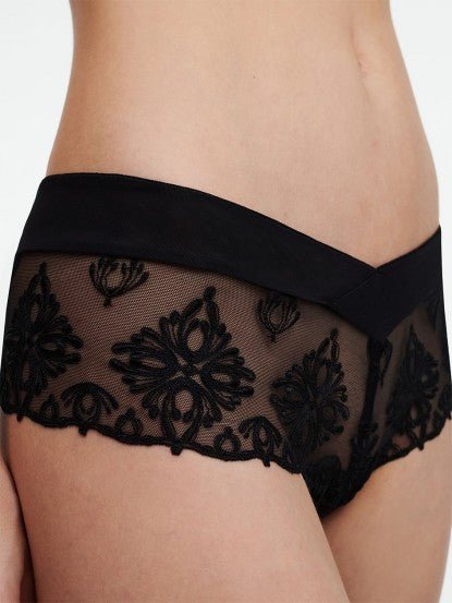 Side view of the Champs Elysées Lace Shorty by The Foundation, highlighting elegant tulle and elastic-trimmed edges.