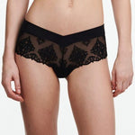 Front view of The Foundation’s Chantelle Shorty Brief in Black, designed with embroidered lace and a V-shaped waistband.