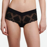 Front view of The Foundation’s Chantelle Shorty Brief in Black, designed with embroidered lace and a V-shaped waistband.