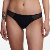 Front view of The Foundation’s Black Champs Elysées Tanga Brief, combining mesh and embroidery in a sleek, sexy cut.