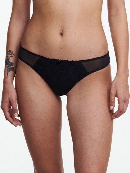 Front view of The Foundation’s Black Champs Elysées Tanga Brief, combining mesh and embroidery in a sleek, sexy cut.