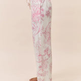 Papinelle Coco Feather Soft PJ Set in Pink and Ecru, featuring a long sleeve scoop neck top and relaxed wide-leg floral pants – available at The Foundation.