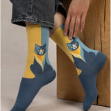 Cotton Cat Pattern Socks Dark Blue Yellow