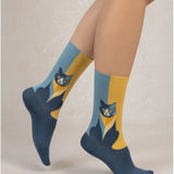 Cotton Cat Pattern Socks Dark Blue Yellow