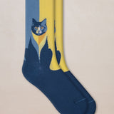 Cotton Cat Pattern Socks Dark Blue Yellow