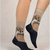 Cotton Cheetah Pattern Socks Beige Navy