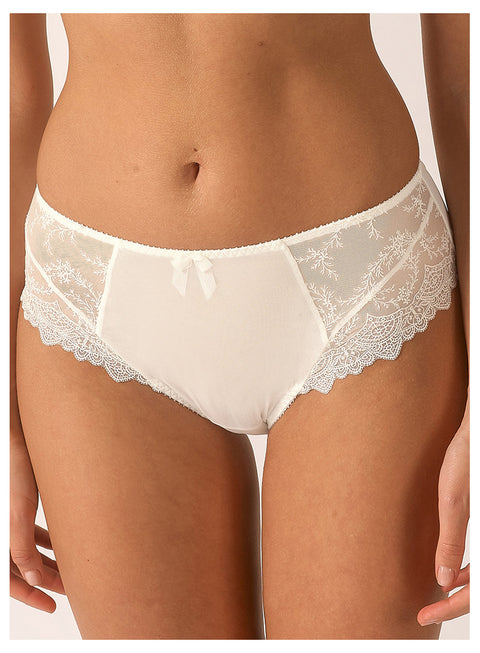 Front view of Empreinte Louise Culotte Panty Brief in Natural Ivory with guipure lace and tulle inserts.