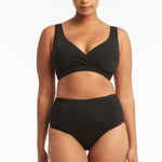 Sea Level Essentials Gathered Side High Waist Swim Pant in Black with ruched sides, high rise waist, and full bottom coverage – available at The Foundation