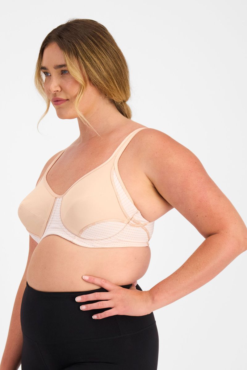 Berlei Electrify Mesh underwire sports bra in nude glow for women Style YYN7  for high impact sports angle view