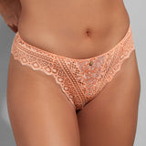 Empreinte Cassiopee Thong Brief in Peach, front view with fine lace, luxury French lingerie, available at The Foundation.