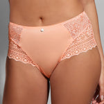 Empreinte Cassiopee Culotte Panty Brief in Peach, front view with delicate lace inserts, luxury French lingerie by The Foundation.