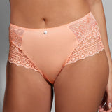 Empreinte Cassiopee Culotte Panty Brief in Peach, front view with delicate lace inserts, luxury French lingerie by The Foundation.
