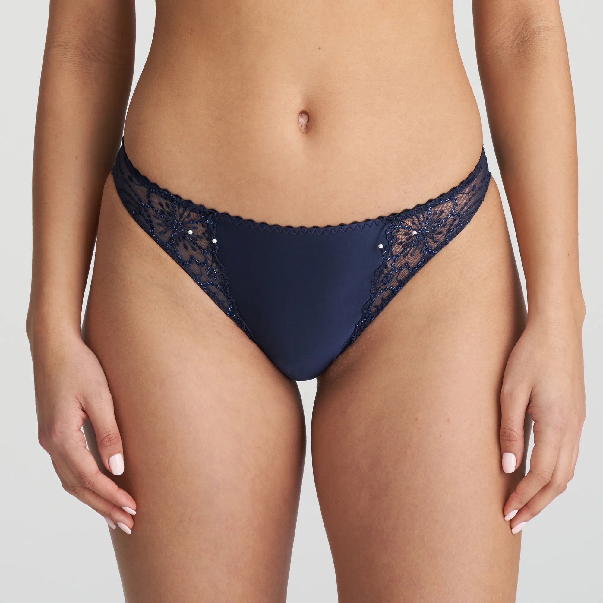 Front view of Jane Rio Brief Velvet Blue from The Foundation, showing delicate embroidery over the hips and a flattering high-leg cut