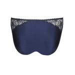 Detailed shot of Jane Rio Brief Velvet Blue from The Foundation, focusing on shimmer embroidery and twin bows with white jewel accents