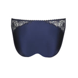 Detailed shot of Jane Rio Brief Velvet Blue from The Foundation, focusing on shimmer embroidery and twin bows with white jewel accents