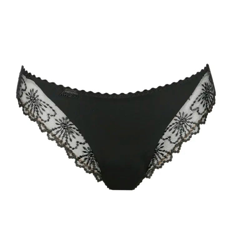 Flat lay of Marie Jo Jane Italian Brief – floral lace design and sleek black satin waistband.