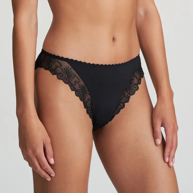 Jane Italian Brief in black – side angle highlighting floral embroidery and low-rise cut.
