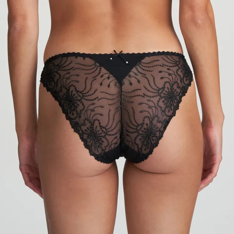 Back view of Jane Italian Brief showcasing sheer floral lace and a bow detail with pearl jewel accent.