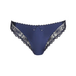 Flat lay of Italian Brief Velvet Blue with intricate floral lace pattern and velvet trim.