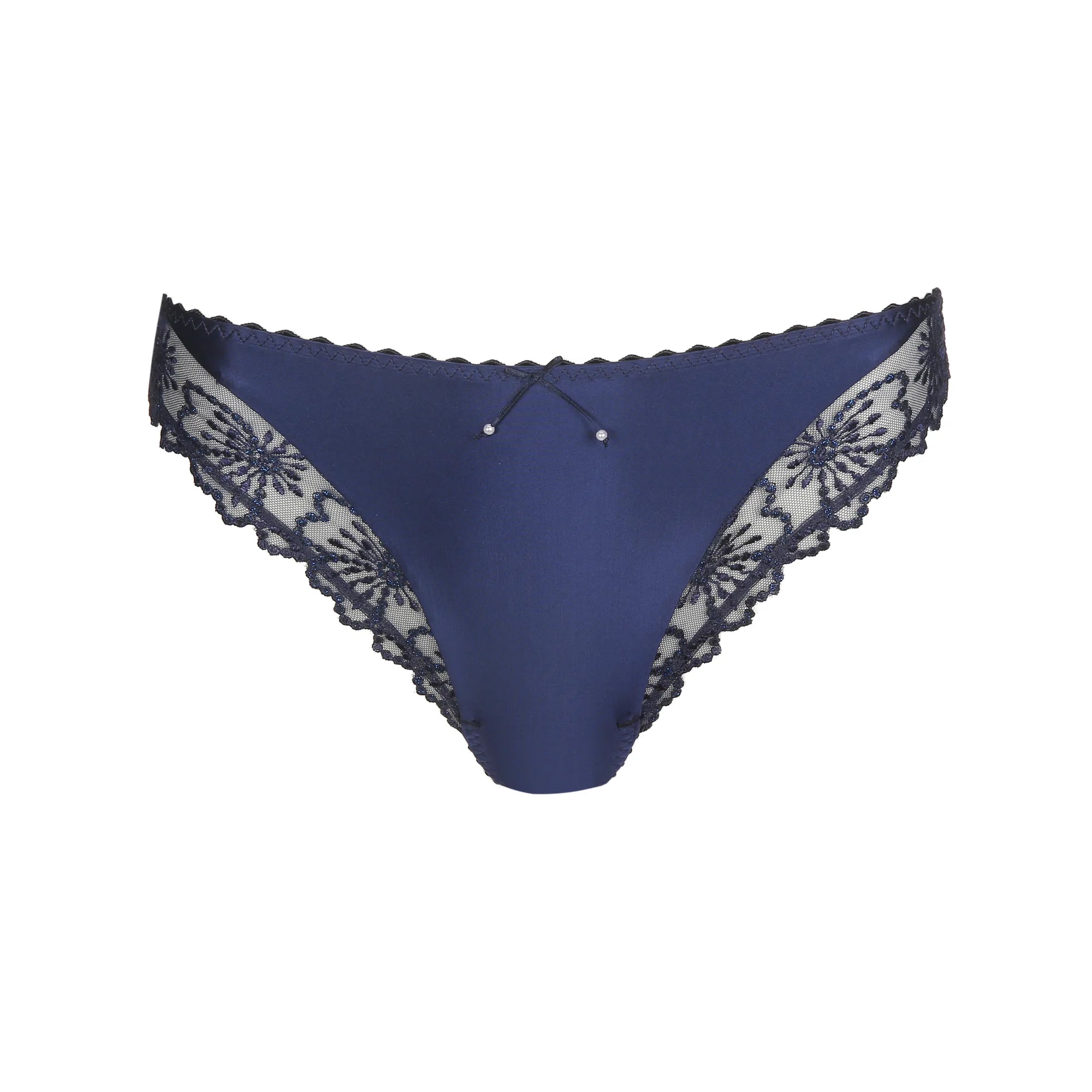 Flat lay of Italian Brief Velvet Blue with intricate floral lace pattern and velvet trim.