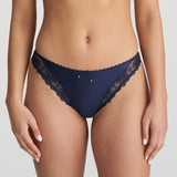 Model wearing the Jane Italian Brief in Velvet Blue with sheer floral embroidery and velvet waistband.