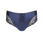 Jane Full Brief Velvet Blue from The Foundation displayed flat, showcasing elegant blue lace, soft satin, and front bow detail